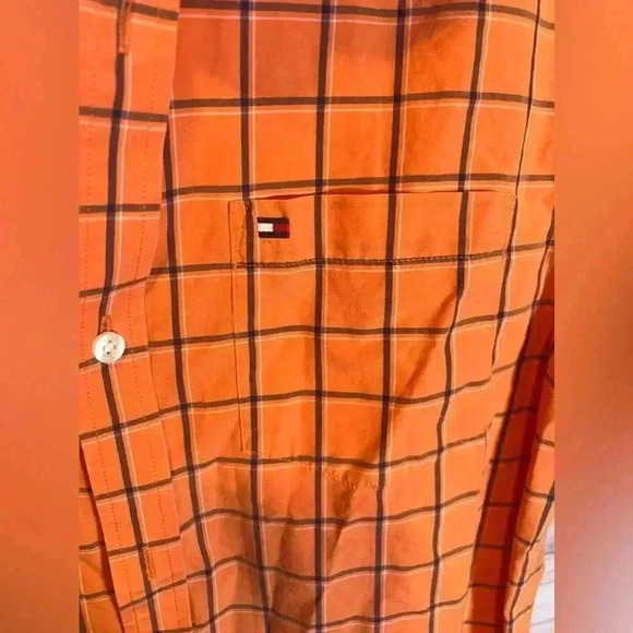 Tommy Hilfiger Orange Plaid Short Sleeve Polo Button Up - Picture 7 of 7